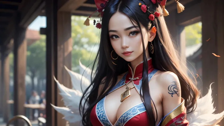 High resolution, 1 female, hip up, beautiful eyes, Ring-shaped eyes, jewelry, tattoo, Hanfu, chinese fairy, taoist uniform、cleavage、smile、