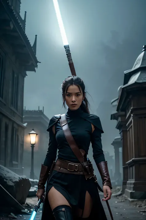 When a female black-haired ebony Jedi, dressed is sexy black pirate-clothes from earths seventeenth century, with an ice-blue energy sword begins to feel the pull of the dark side but fight against several dark enemies inside a futuristic jedi temple.