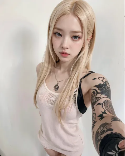 Mujer rubia con tatuajes y un vestido rosa posando para una foto., ava max, con el pelo largo y blanco, con pelo largo y rubio, chica anime en la vida real, very very pale blonde hair, extremely pale blonde hair, bella delfina, misa amane *, con pelo largo...