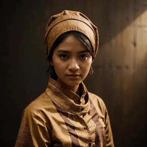 Indonesian family studio photo, a 40 year old father with short hair and no mustache wearing a brown batik shirt, a 38 year old wife wearing a brown batik shirt wearing a hijab, a 15 year old teenage girl wearing a batik shirt wearing a hijab, a 6 year old...