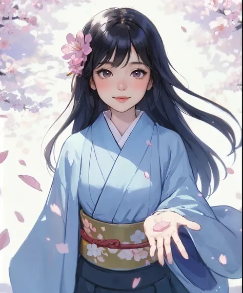 1lady solo, (from above), standing, (looking at viewers), (light blue kimono) stylish, mature female, /(black hair/) bangs, blush light smile, (masterpiece best quality:1.2) delicate illustration ultra-detailed, medium breasts BREAK (small petal on her pal...