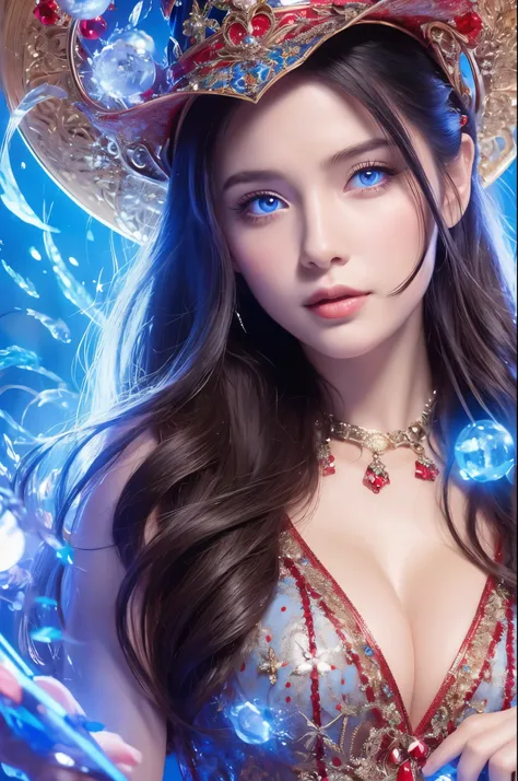 witch woman，conservative attire，Very nice headgear，blue，Wearing a blue, red and white princess dress，Upper body close-up，Close-up photos，jewelry，Visions of heaven and earth，Staff，exquisite magic
