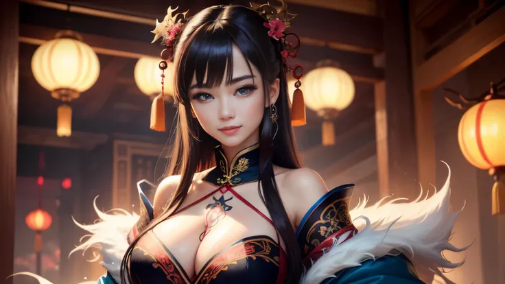 High resolution, 1 female, hip up, beautiful eyes, Ring-shaped eyes, jewelry, tattoo, Hanfu, chinese fairy, taoist uniform、cleavage、smile、