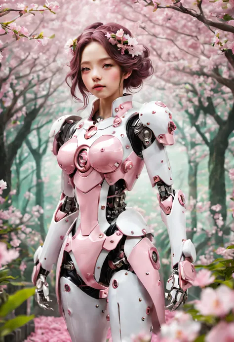 Mechanical girl&#39;s&#39;s body is covered by mecha，Exquisite metal connector，Complex clockwork mechanism，Surrounded by peaceful gardens，The garden is filled with pink and white flowers，Lush green plants。that girl&#39;s’s eyes are delicate and charming，Sh...