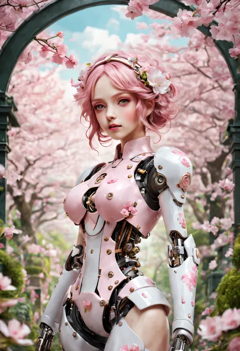 Mechanical girl&#39;s&#39;s body is covered by mecha，Exquisite metal connector，Complex clockwork mechanism，Surrounded by peaceful gardens，The garden is filled with pink and white flowers，Lush green plants。that girl&#39;s’s eyes are delicate and charming，Sh...