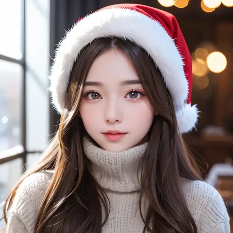 Girl, long brown hair, gray eyes, sharp features, white skin, winter style, Christmas atmosphere.