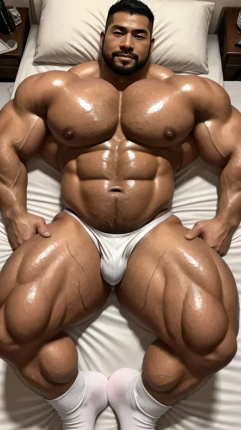 一位中国bodybuilding运动员，30 years old，High, bodybuilding，short hair, O-shaped beard，Perfect body, Dark and shiny complexion，Muscle bulge, muscular, Very big pecs，Very sexy abs，Leg muscles are very developed，Tall and handsome，Huge bumpy area，Brighten oily skin，W...