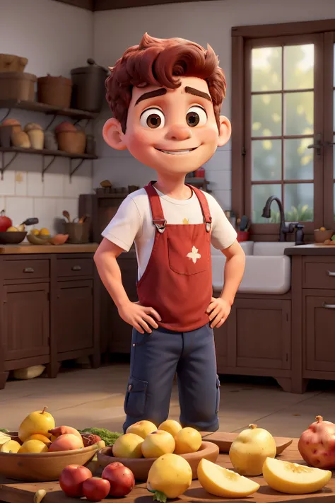 Menino com camiseta regata vermelha, cabelos castanhos claros, sentado na cadeira ao redor de uma mesa, ao lado do seu pai, in a farm kitchen with his mother standing there cutting potatoes