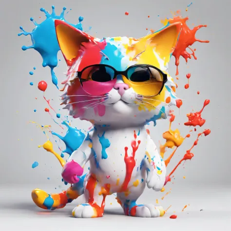 (masterpiece, highest quality, High resolution), white background, ((colorful paint splash, color splash, large amount of ink splash, color splash)), (Cute cat mascot wearing goggles), 3D anime, Holding a paintbrush, innocent smile, front, whole body, buck...