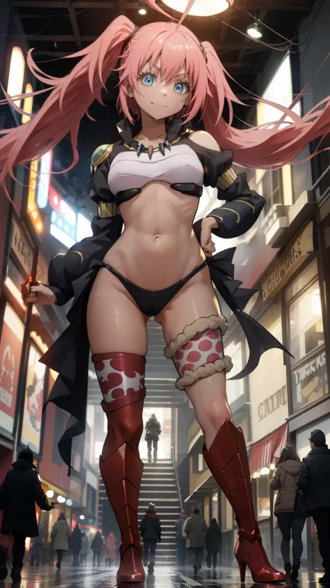 giant girl 50,0000000 feet tall,，Have a pair of long legs，Possessing a pair of huge blood-red demon wings，And a pair of blood-red devilish eyes，Have waist-length black hair，loose hair， Wearing a pair of curly hair in high heels，Holding a demonic sword，A lo...