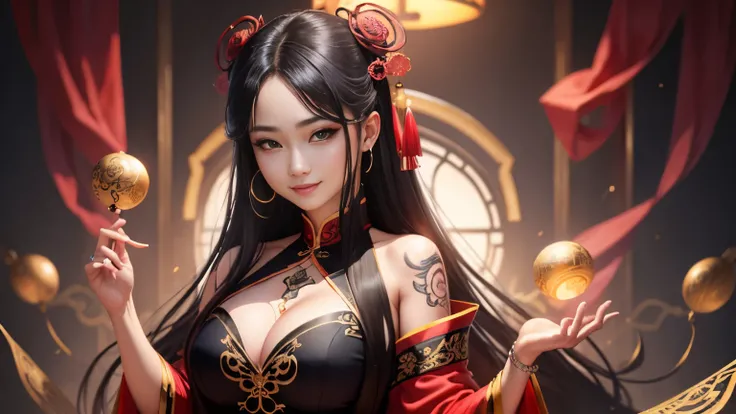 High resolution, 1 female, hip up, beautiful eyes, Ring-shaped eyes, jewelry, tattoo, Hanfu, chinese fairy, taoist uniform、cleavage、smile、