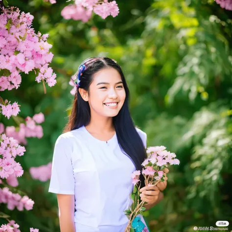 The 20-year-old Burmese girl face in Burmese Thanaka and long hair  is smiling and  at the falling Burmese Gumkino petals under the burmese gumkino tree. In the background, the colorful Aster flower are blooming. The girl is wearing a  T-shirt. The  correc...