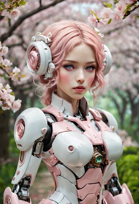 Mechanical girl&#39;s&#39;s body is covered by mecha，Exquisite metal connector，Complex clockwork mechanism，Surrounded by peaceful gardens，The garden is filled with pink and white flowers，Lush green plants。beautiful eyes，beautiful lips，pretty face，porcelain...