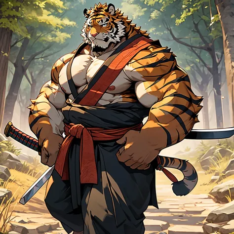 tiger orc，alone，muscle tissue，tit，chubby，wearing a katana，potbellied，plump and firm，there are huge protrusions in the lower body...