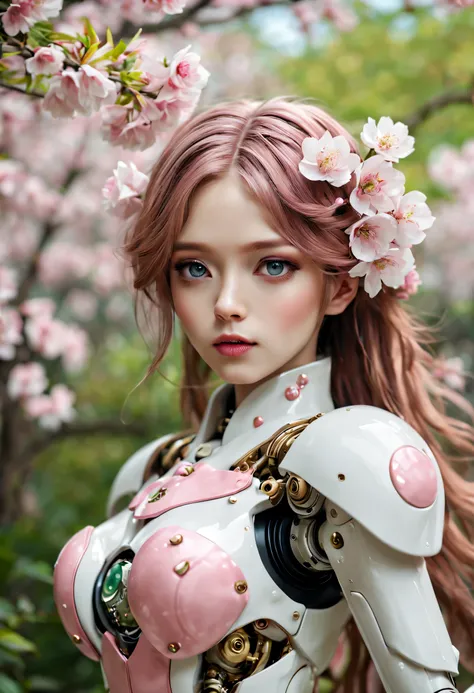 Mechanical girl&#39;s&#39;s body is covered by mecha，Exquisite metal connector，Complex clockwork mechanism，Surrounded by peaceful gardens，The garden is filled with pink and white flowers，Lush green plants。beautiful eyes，beautiful lips，pretty face，porcelain...