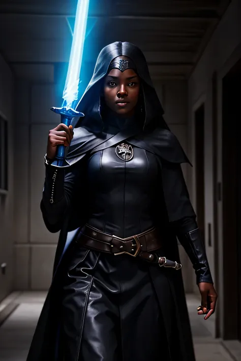 when a female black-haired dark ebony jedi, dressed is sexy black pirate-clothes from earths seventeenth century, with an ice-bl...