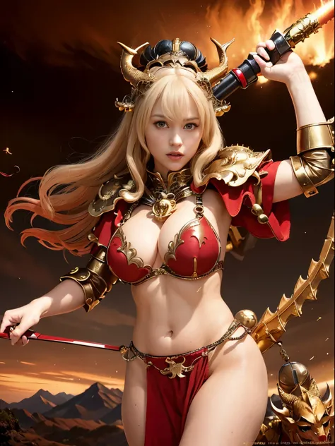 Professional , ​masterpiece、top-quality、photos realistic , depth of fields 、（Dragon Red Metal Body:1.９),(Matte Red、（cleavage of the breast）、Dragon Gold Weapon、（Red Micro Bikini Armor:1.４),Gorgeous gold weapons ,（（ Dragons dense and gorgeous sword）） , （demo...