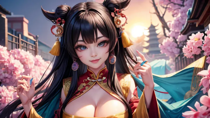 High resolution, 1 female, hip up, beautiful eyes, Ring-shaped eyes, jewelry, tattoo, Hanfu, chinese fairy, taoist uniform、cleavage、smile、3D rendering