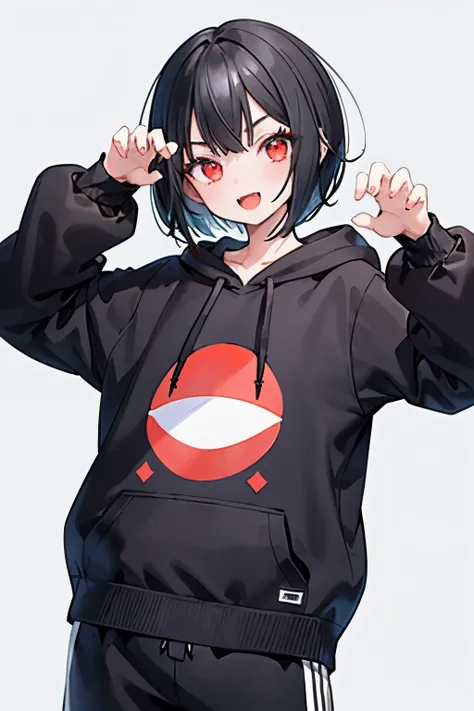 1boy, claw pose, wink, beautiful detailed eyes, sleeves, upright, concept art, solo, looking at viewer, black hair, open mouth, smile, red eyes, bob cut, hoodie, short pants, sneaker, virtual youtuber, grey background, simple background, from front, upper ...