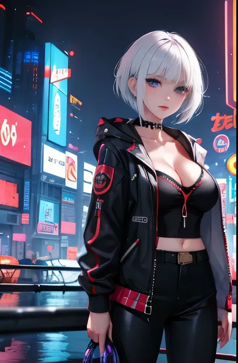 1girl, bangs, white hair, blue eyes, fashi-g, short hair, ((forehead)), cleavage, collarbone, open jacket,mecha,cyberpunk,neon lights,large breasts,mature female,shiny skin,rain,water drop, (cowboy Shot:1.5), 