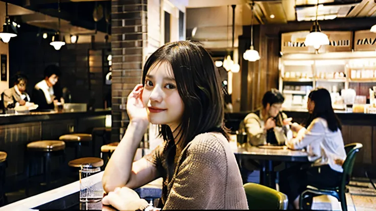 Inside a bright and lively cafe in New York、Draws a scene where a beautiful model-like woman is immersed in reading.。She is a Japanese college student、I have medium short brown hair.、It stands out for its beauty。Female college students、He was concentrating...