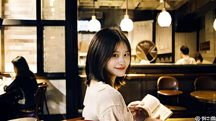 Inside a bright and lively cafe in New York、Draws a scene where a beautiful model-like woman is immersed in reading.。She is a Japanese college student、I have medium short brown hair.、It stands out for its beauty。Female college students、He was concentrating...