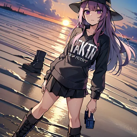 beach，seaside，Sunset，long purple hair，purple eyes，Black sweatshirt，black martin boots，black pleated skirt，8k resolution