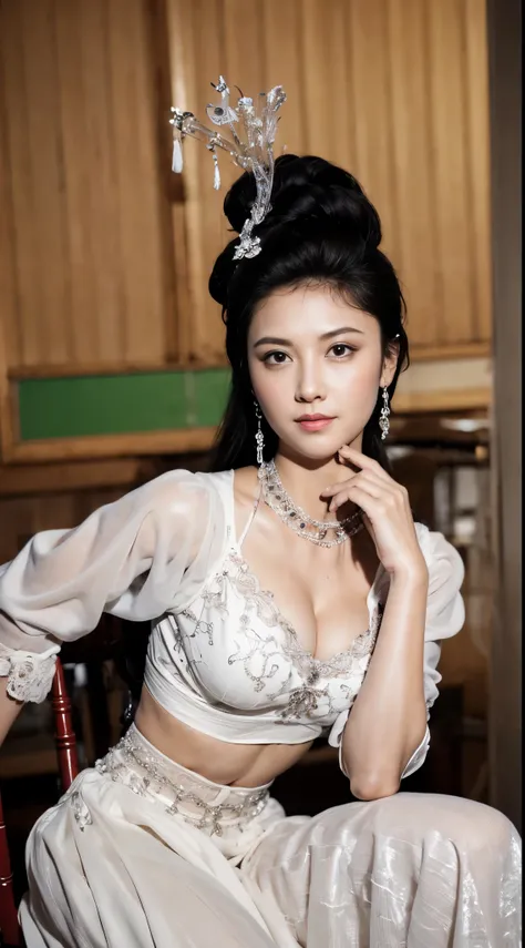 ((midnight, need, 8k, masterpiece:1.3)), Full body female love, height 1.7 meters,Leg length, focus:1.2, Beautiful woman with perfect body:1.4, Slim abs:1.1, ((Dark brown hair, :1.2 )), (female teacher,Deep V white shirt,mini skirt,high heels 1.2), (sit on...