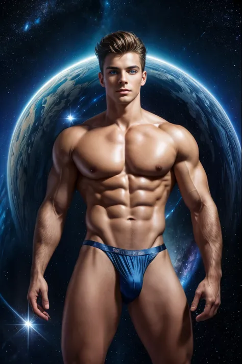 (masterpiece, high resolution, detailed:1.3), a mesmerizing depiction of a (strikingly handsome young man:1.2) donning (sleek and form-fitting thong, bulge:1.2), standing against the backdrop of the vast and mysterious cosmos. His (toned physique:1.2) is b...