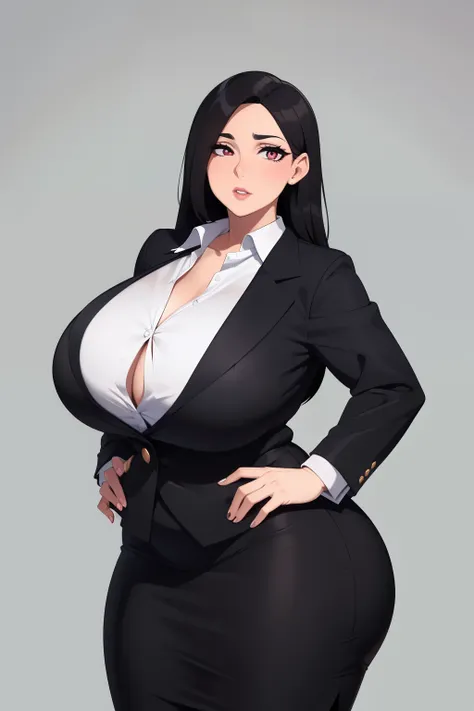 La mejor calidad, Mujer madura, pechos gigantes, gigante, very curvy, Cola de caballo alta, ojos negros, labios carnosos, seductor, Uniforme principal, Blazer negro, White button up, pencil skirt, escote expuesto, sujetador rojo de encaje