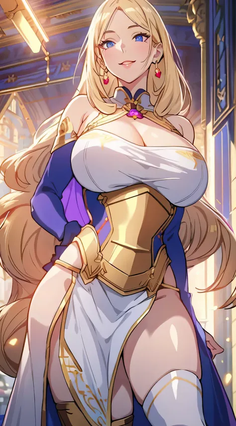 Lian, long blonde hair, hair stick, bangs, blue eyes, solo, smiling, standing, upper body, hips, bare shoulders,purple thighhighs, white dress, gold jewelry,armor,gloves,circlet, cleavage, red and gold royal castle, gigantic breasts, (best quality, masterp...