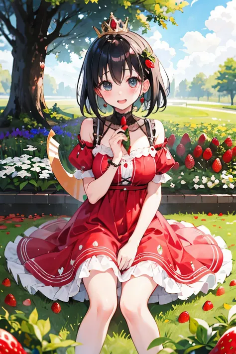 with a girl、blush、your、white breath、short、black hair、Surprised Strawberry-covered Strawberry Princess Smile Strawberry Dress Strawberry Field Garden Style Dress Strawberry-covered Clothes