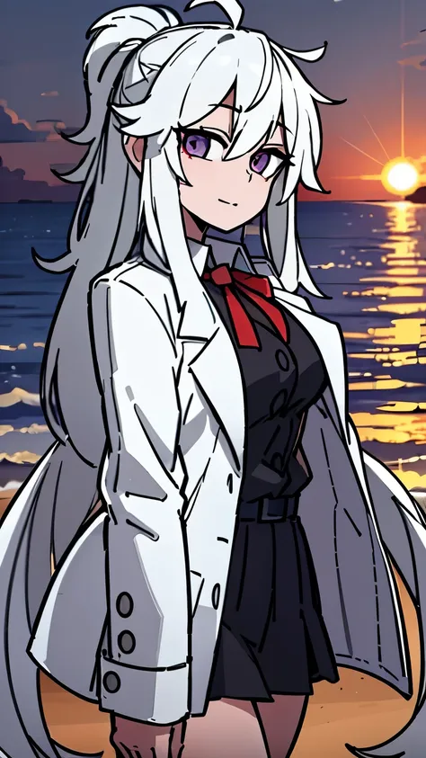 beach，seaside，Sunset，8k resolution，long white hair，purple eyes，white coat，black pleated skirt，proud expression