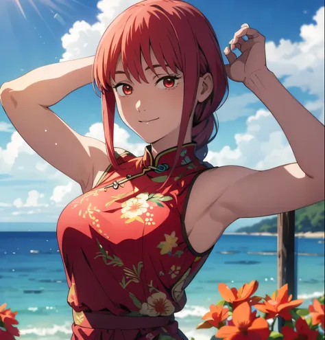 (masterpiece, best quality, high resolution, animescreencap, anime colored,), (perfect anatomy, beautiful detailed eyes, beautiful detailed body, beautiful breast, shiny skin), 1girl, red hair, side bangs, braided ponytail, medium breasts, smiling,red eyes...