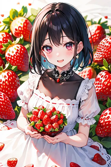 with a girl、blush、your、white breath、short、black hair、Surprised Covered with strawberries Strawberry princess smile Strawberry dress Strawberry field Smile Strawberry pattern Princess Full of strawberries