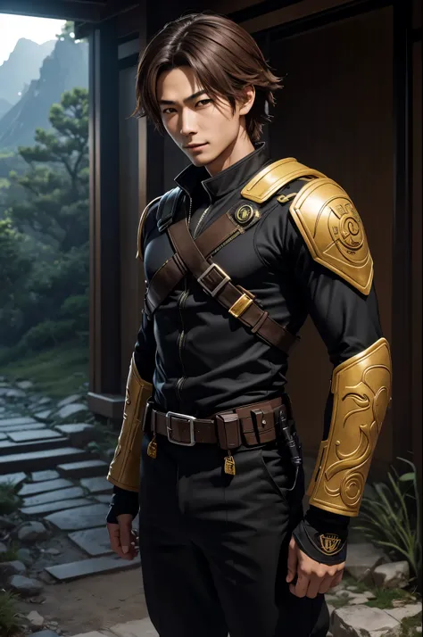 8K,Young Japanese man in black combat uniform,good looking(like the real thing),ride a bike,black combat pants,Light brown permed medium bob,Big eyes,black eyes,muscular slim body,smile,Frivolous atmosphere,Persona4(Hanamura Yosuke),comical pose,masterpiec...