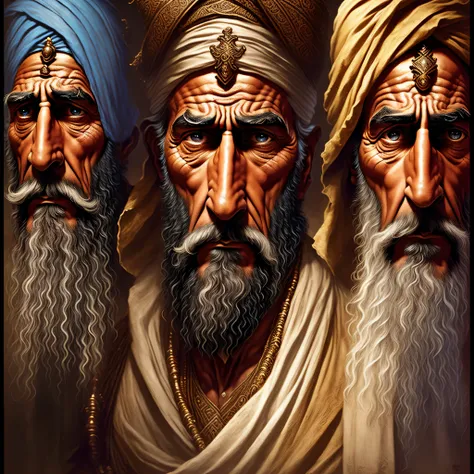 Three men with turbans and beards are in line, handsome prince of Persia, photo of a male cleric, reis cruzados 3, Artegerm e Craig Mullins, close da arte do personagem, artegerm detalhado, age of empires, Stanly Artegerm, age of empires 3, close do retrat...