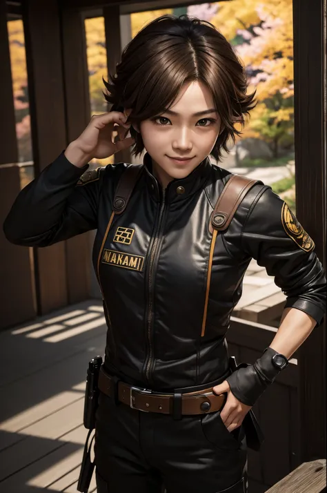 8K,Young Japanese man in black combat uniform,good looking(like the real thing),ride a bike,black combat pants,Light brown permed medium bob,Big eyes,black eyes,muscular slim body,smile,Frivolous atmosphere,Persona4(Hanamura Yosuke),comical pose,masterpiec...