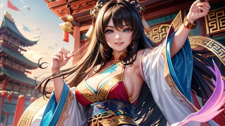 High resolution, 1 female, hip up, beautiful eyes, Ring-shaped eyes, jewelry, tattoo, Hanfu, chinese fairy, taoist uniform、cleavage、smile、3D rendering