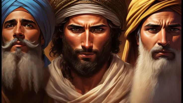 Three men with turbans and beards are in line, handsome prince of Persia, photo of a male cleric, reis cruzados 3, Artegerm e Craig Mullins, close da arte do personagem, artegerm detalhado, age of empires, Stanly Artegerm, age of empires 3, close do retrat...