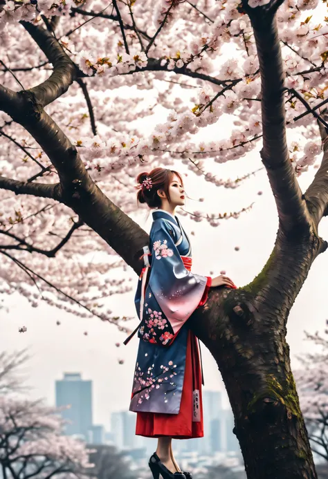 dark fantasy of a cherry blossom maiden looking upwards, look up with a calm expression, spring, (((a lone bloom on a towering c...