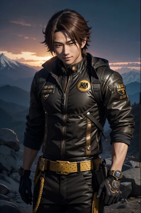 8K,Young Japanese man in black combat uniform,good looking(like the real thing),ride a bike,black combat pants,Light brown permed medium bob,Big eyes,black eyes,muscular slim body,smile,Frivolous atmosphere,Persona4(Hanamura Yosuke),comical pose,masterpiec...