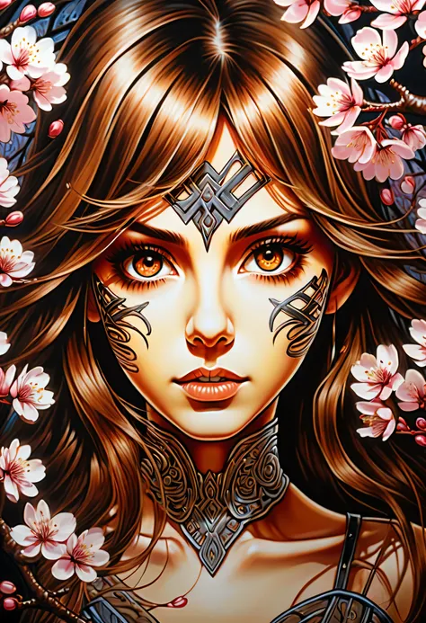 Great bright and bold illustrations, Beautiful detailed brown eyes with a dim glow, iron maiden, medium focus shot, Made of glass with a cherry blossom design, Beautiful detail shine, Intricate detail flower line effect, Like an oil painting, great picture...