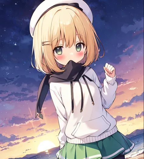 1 girl, alone, scarf, skirt, pantyhose, have, long hair,白いshoulder hoodie , outdoors, eyebrows visible through hair, looking at the viewer, pleated , blush, , bangs, beanie, ,, dutch angle, sneakers,, green skirt,, green eyes, , Are standing,, clothes,, s...