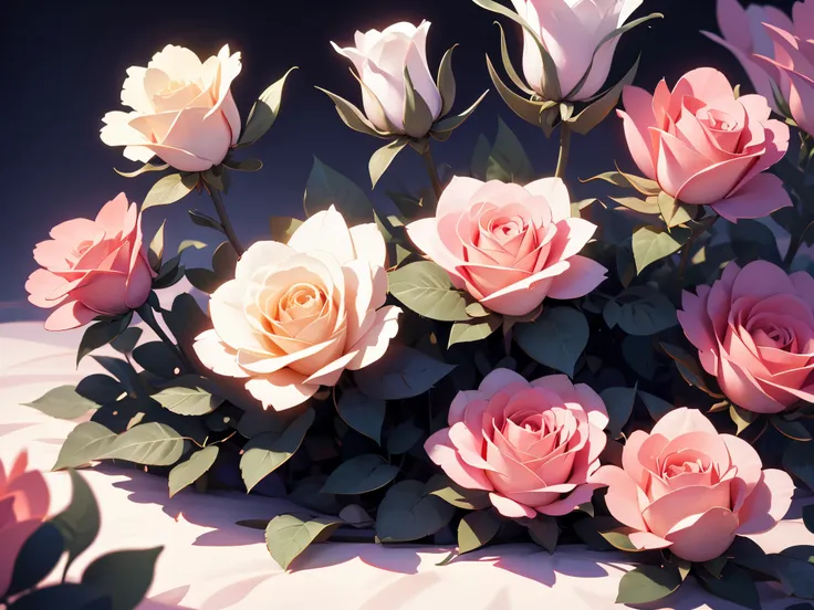 rose flowers bed, cinematic volumetric lighting, ambient occlusion, cool midtone, color contrast, magical, dreamy,