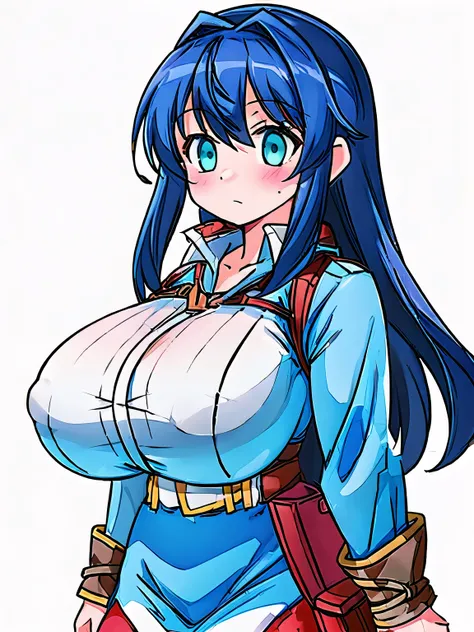 ( girl), (huge breasts:1.2), (adventurer outfit:1.5), (white background)