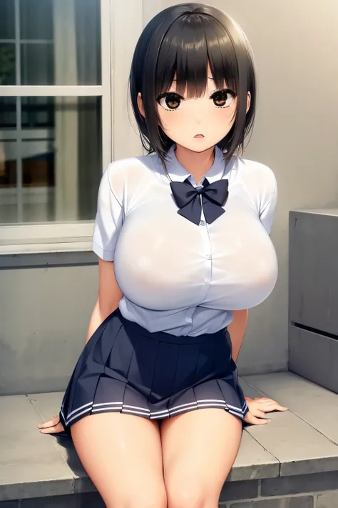 (masterpiece, highest quality, super detailed), (sumika), 1girl,  (slim:1.7), short hair, black hair, (big breasts:1.6), raised, Wet , Sweat,  beautiful face,  (Big eyes:1.5), cute,  fog,   (school uniform:0.6), (white shits:1.4), (Pleated skirt:1.4)  (fro...