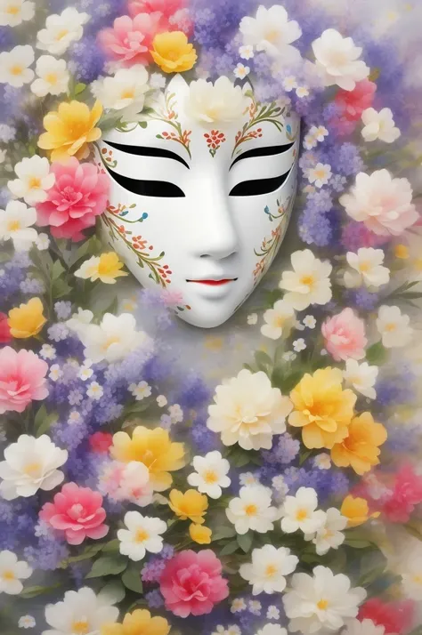 Mask in the sea of flowers，White mask surrounded by flowers