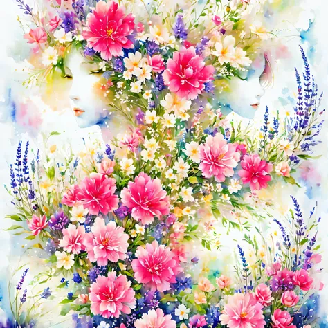 (masterpiece, best quality:1.2), Watercolor flower paintings present a delicate and refreshing visual effect. Sakura and lavender fields，The perfect combination of nature and romance. The screen is dominated by a white background, Highlight isolated waterc...