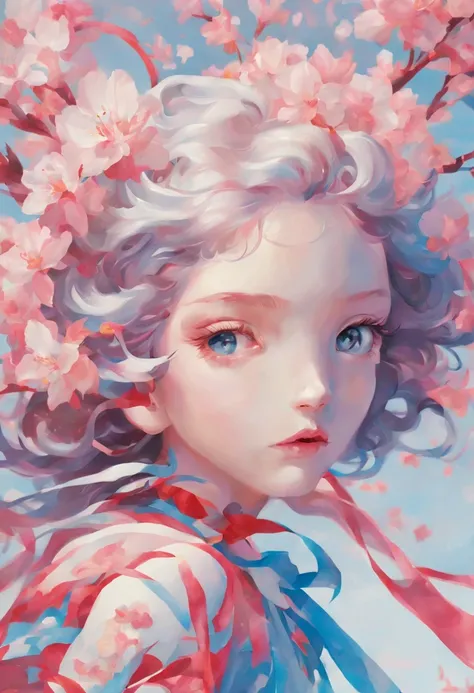 _James Jean, Floating female figure made from ribbon, Baiyun，Cherry blossoms, in the sky, rich and colorful、Full of energy, mysterious color, contemporary impressionism, yanjun cheng portrait painting, iridescence painting, 3/4 Perspectives, cute face, low...